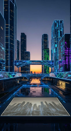 Skyscrapers at night with city lights. 3d renderingの写真素材