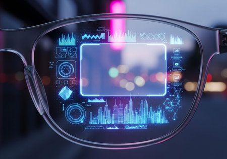 Glasses with glowing business interface on blurry city background. 3D Rendering