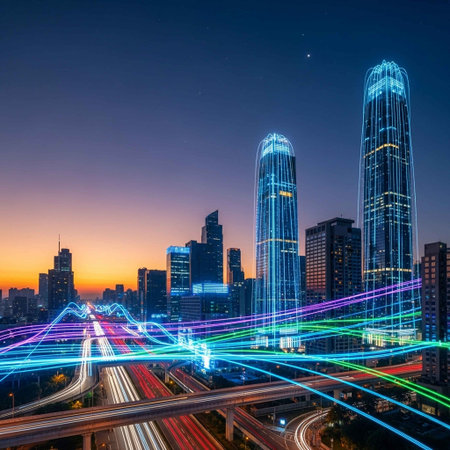 the light trails on the modern building background in shanghai china.の写真素材