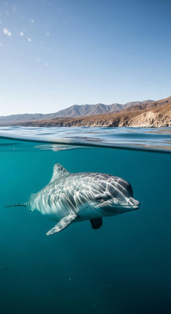 Dolphin swimming in the ocean with mountain range in the background.の写真素材