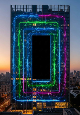 Mock up tablet screen with abstract glowing polygonal wireframe pattern. Technology and communication concept.の写真素材