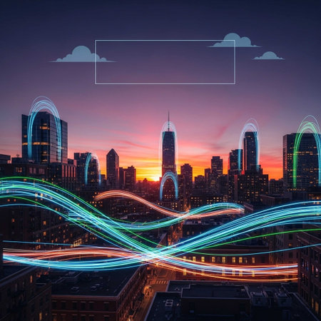 Abstract technology background. Network connection concept. Skyscrapers and high-rise buildings.