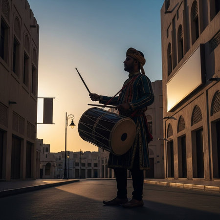 Musician playing the drum in the street at sunset. Arabic music.の写真素材