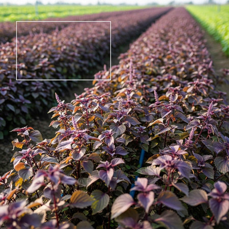 Close up of fresh basil growing in the field with copyspace