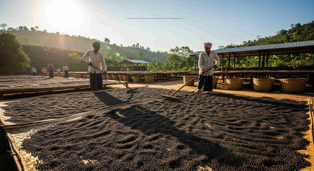 Coffee beans drying on the sun in the countryside of Thailandの写真素材