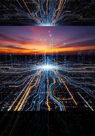 Futuristic abstract background with circuit board and lights. 3d renderingの写真素材