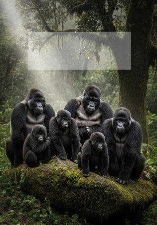 Group of gorilla sitting on a mossy rock in the forest and looking at the cameraの写真素材