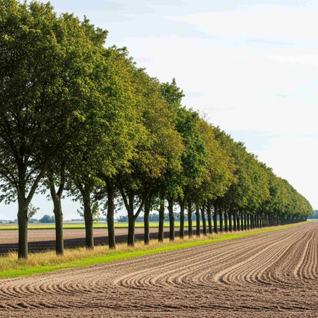 Row of trees in a row on a sunny day in springtimeの写真素材