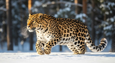 Leopard (Panthera pardus) running in snowの写真素材