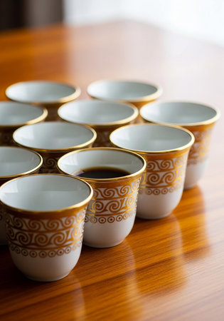 Coffee cups on a wooden table in the morning light.の写真素材