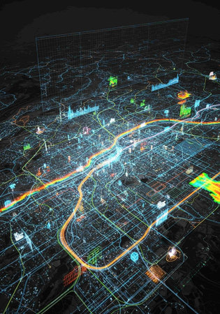 Abstract city map with glowing lights. 3d rendering toned image