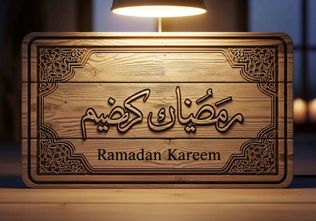 \Wooden signboard with the inscription \"\"Ramadan Kareem\"\" in Arabic"の写真素材