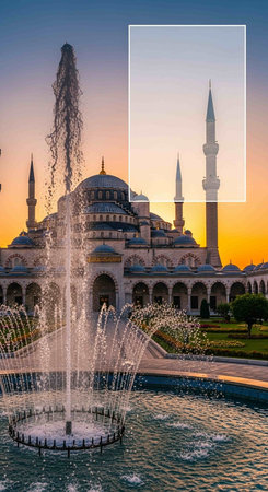 Collage of Sultan Ahmet Mosque and fountain in Istanbul, Turkey