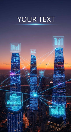 Digital composite of Futuristic interface against aerial view of skyscrapersの写真素材