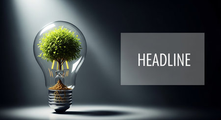 Lightbulb with green plant inside and HEADLINE text on black backgroundの写真素材
