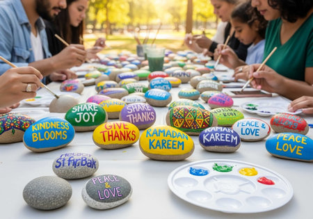 Group of multiethnic people painting eggs in the parkの写真素材