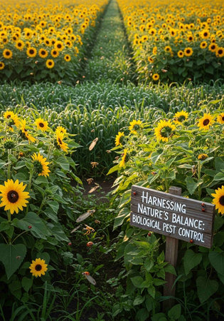 Sunflower field in the summer with wooden sign and sunflowersの写真素材