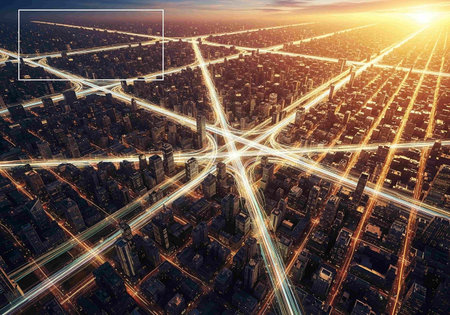 Cityscape with crossroads and roads at sunset, 3d rendering