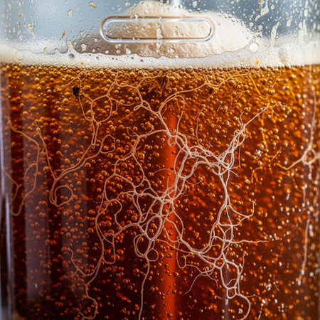 Close-up of a beer in a glass with foam and bubblesの写真素材