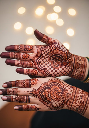 Henna mehndi on the hands of indian girlの写真素材