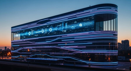 Futuristic cityscape at night with glowing hologram of digital business interfaceの写真素材