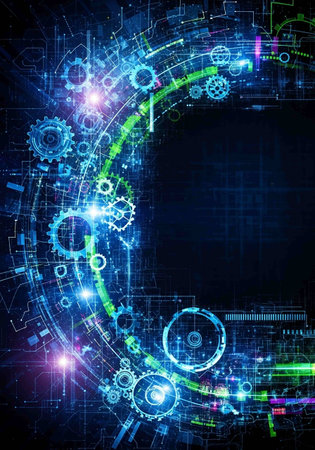 Abstract technological background with gear wheels, glowing lines and circles. Vector illustration.