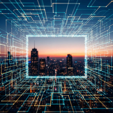 Abstract technology background with circuit board and city view. 3D Rendering
