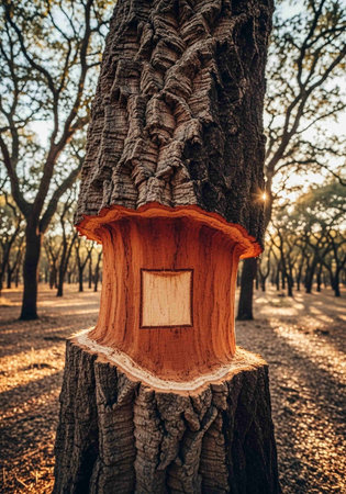 Wooden birdhouse on a tree in the park at sunset.の写真素材