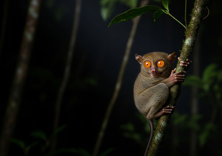 Tarsier sitting on the tree in the rainforest at nightの写真素材