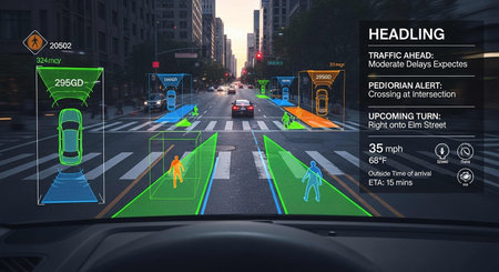 Digital composite of High tech interface with city traffic in the background.の写真素材