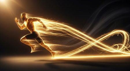Running man with glowing light trail. Sport and energy concept. 3D Renderingの写真素材