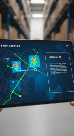 Smart warehouse management system using augmented reality technology to identify package picking and delivery. Future concept of supply chain and logistic network business.の写真素材