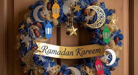 Merry Christmas and Happy New Year greeting card. Wreath on the door.の写真素材