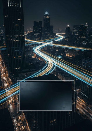 Blank billboard in the middle of city at night. 3D rendering