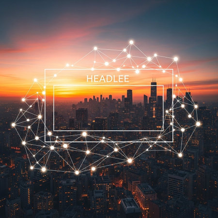 Abstract polygonal frame and cityscape with skyscrapers at sunsetの写真素材