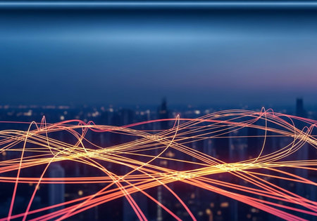 Abstract technology background with glowing lines and city view. 3D Renderingの写真素材