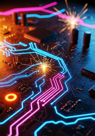 Circuit board close up with sparks. Technology background. 3d renderingの写真素材