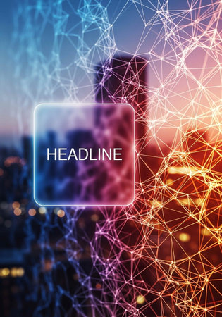 Abstract polygonal mesh on blurred city background. Network concept. Double exposureの写真素材