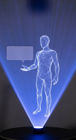 Digital composite of 3D human figure with speech bubble in blue lightの写真素材