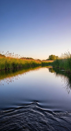 Sunset on the shore of a lake with reeds in summerの写真素材