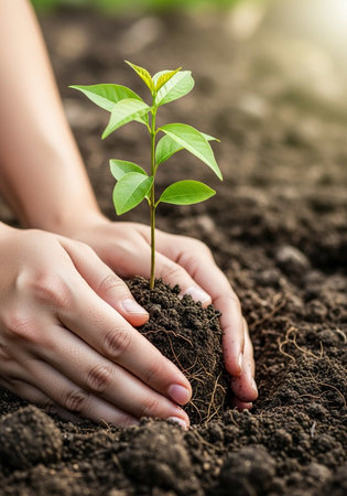 Closeup of woman hands holding and caring young green plant with soil