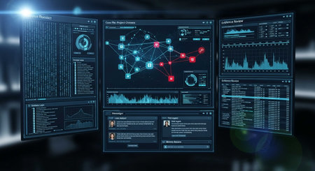 Futuristic user interface with graphs and charts on the screen. 3d rendering
