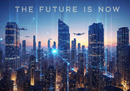 The future is now concept. Futuristic cityscape with skyscrapers and high-rise buildings.