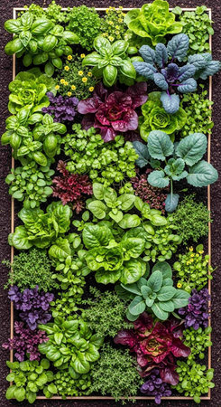 Top view of various fresh garden herbs in a box. Gardening concept.の写真素材