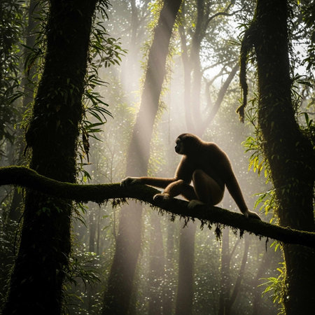 Gibbon sitting on a branch in the rainforest of Borneo.の写真素材