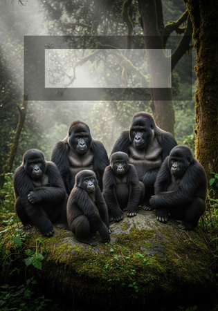 Frame for your text or image with a group of black gorilla in the rainforestの写真素材