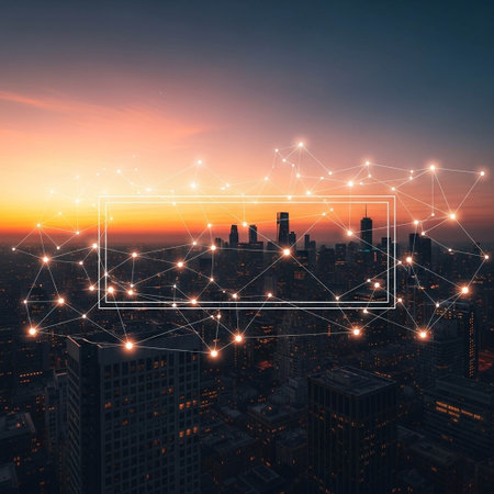 Abstract polygonal frame on city background with copy space. Technology conceptの写真素材