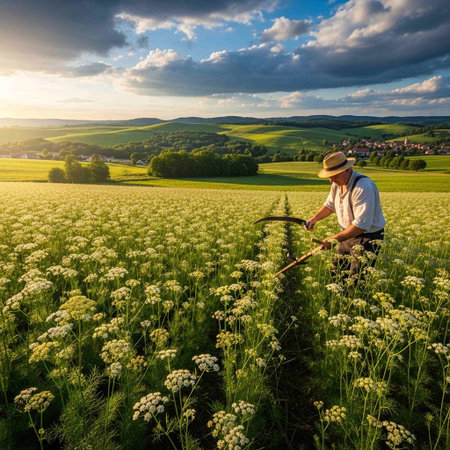 Farmer working in the field with a scythe at sunsetの写真素材