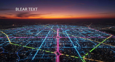 Abstract city map with cityscape and skyline in the background at twilightの写真素材