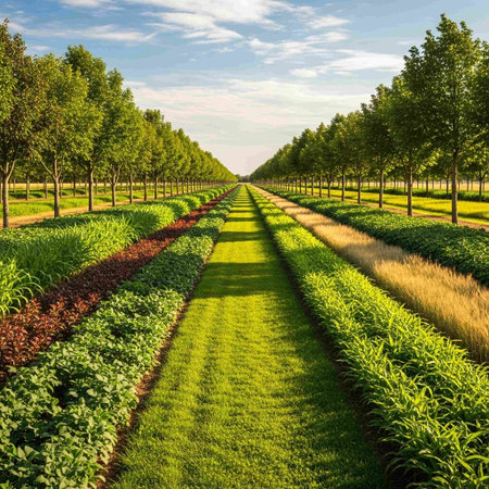 Rows of young trees in a row on a sunny day.の写真素材